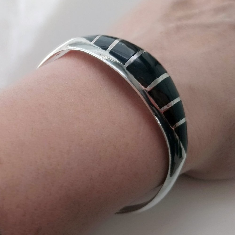 Heavy Sterling Silver Bangle Bracelet Black with Enamel Inlay for a Small Wrist